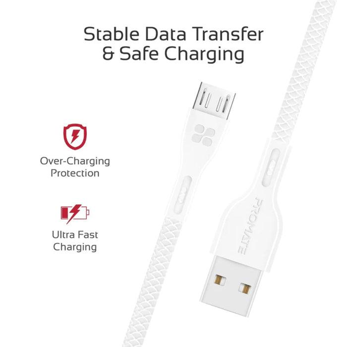 Promate Power Beam-M High Tensile Strenght Data & Charge USB-A to Micro-USB Cable - White