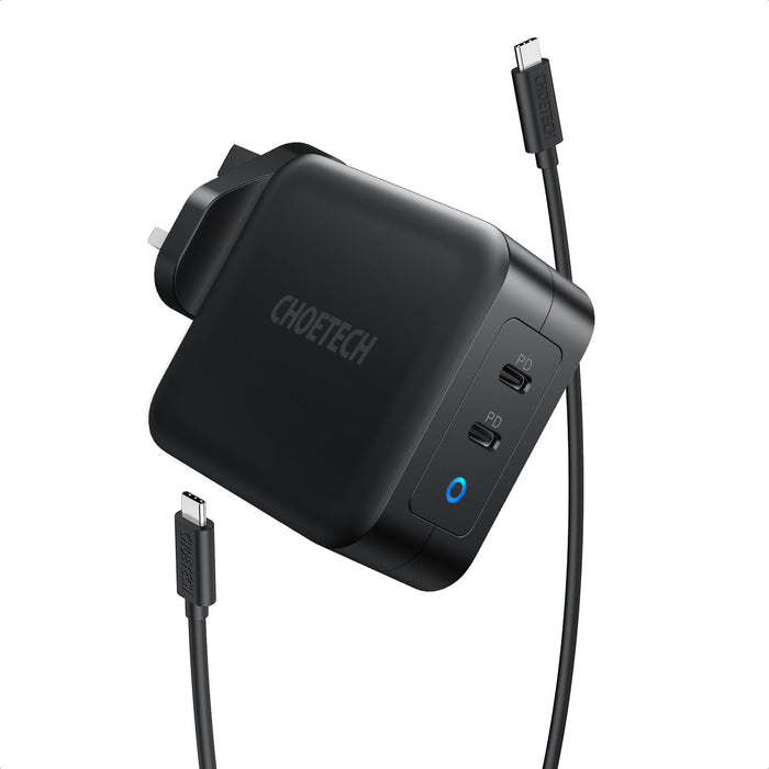 PD 100W GaN dual USB-C UK Charger with CC cable - Black