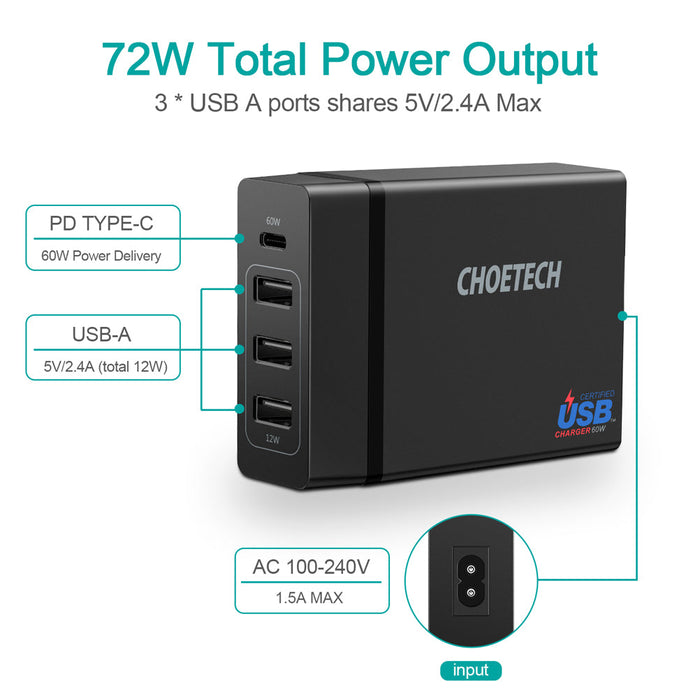 Choetech 3A+1C 72W Output ports wall charger