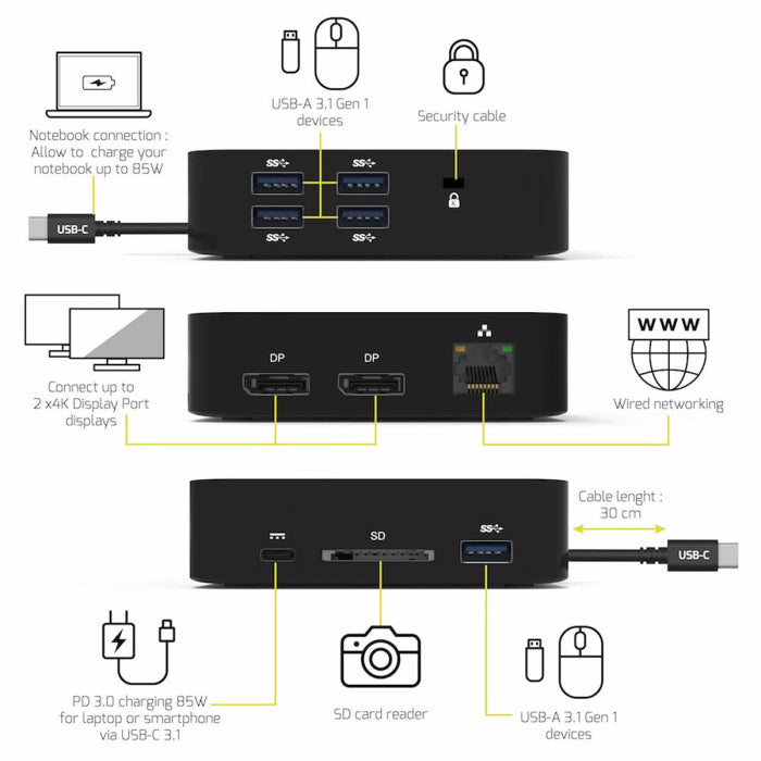 Port Designs USB-C 2X4K Travel Docking Station For USB-C 3.1 Gen 2