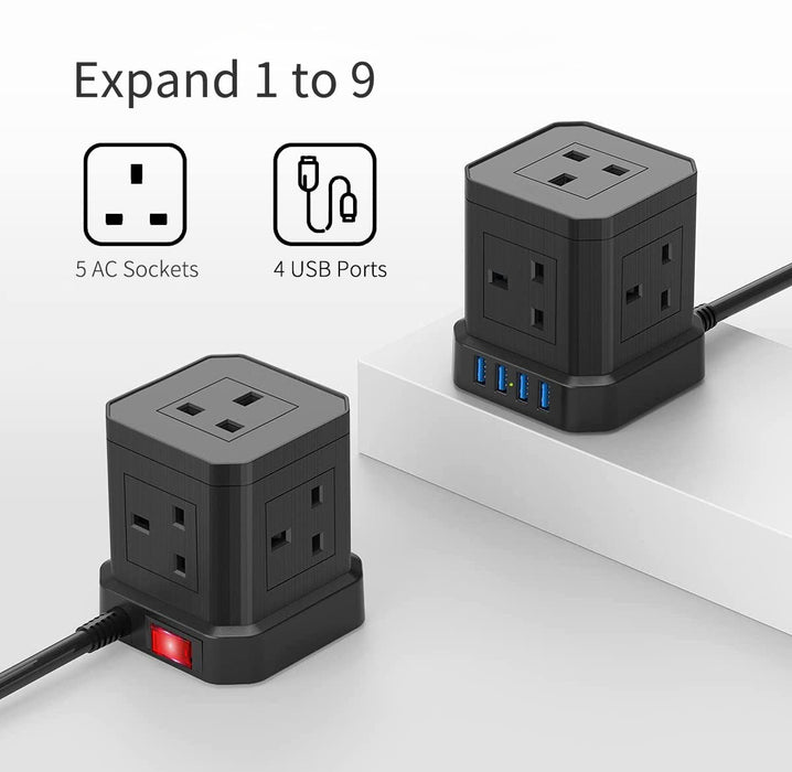 Powerstrip Cube with 5 outlets & 4 USB ports- Black