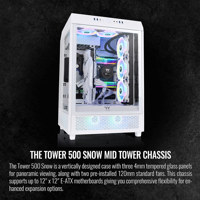 Thermaltake Tower 500 Vertical Mid Tower Fornt & Left Tempered Glass X3 Side Panel Case With 2 ARGB Fans - Snow White