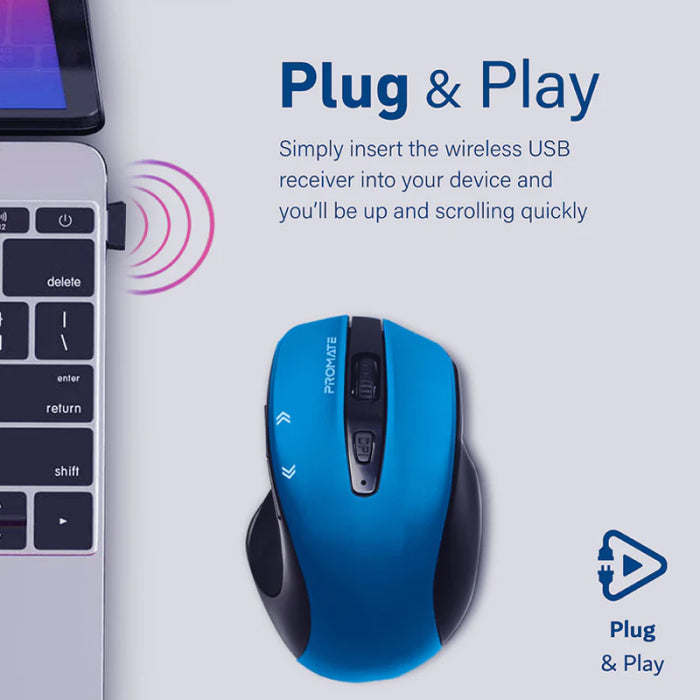 Promate Cursor 2.4GHz EZGrip™ Ergonomic Wireless Mouse - Blue
