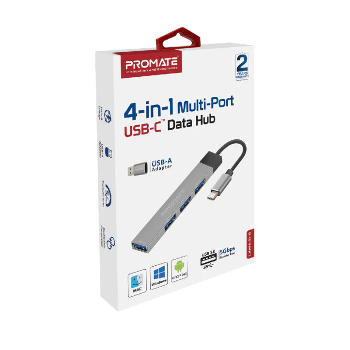 Promate 4 In 1 Multi-Port USB-C Data Hub Gray