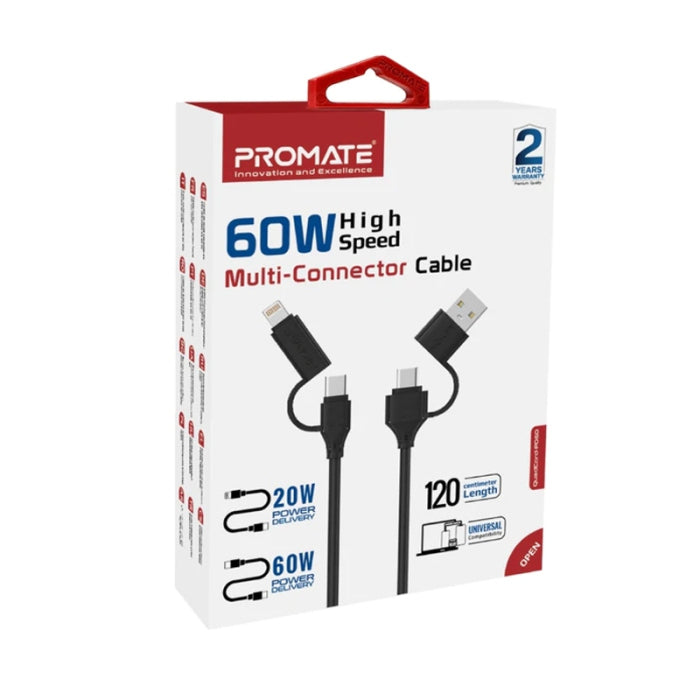 Promate 60W High-Speed Multi Connector Cable Equipped with USB-C Lightning and USB-A Connectors